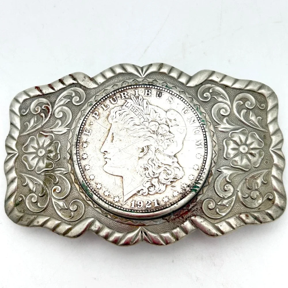 Antique 1921 Morgan Silver Dollar Belt Buckle Western Floral Engraved Scroll